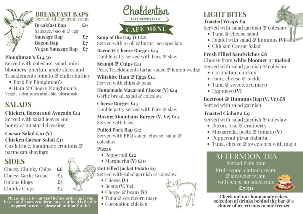 Food and drink menu at Cholderton Rare Breeds Farm in Wiltshire