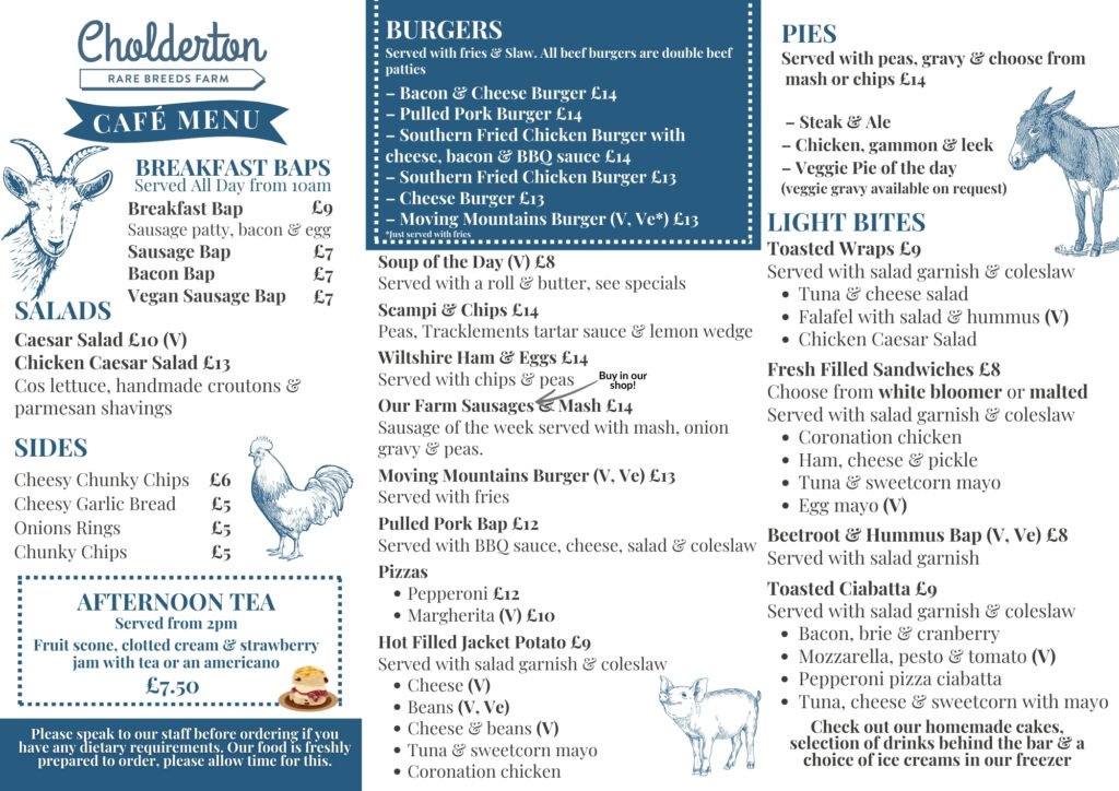 FOOD AT CHOLDERTON RARE BREEDS FARM CAFE - HOT AND COLD MEALS AND HANDMADE TREATS