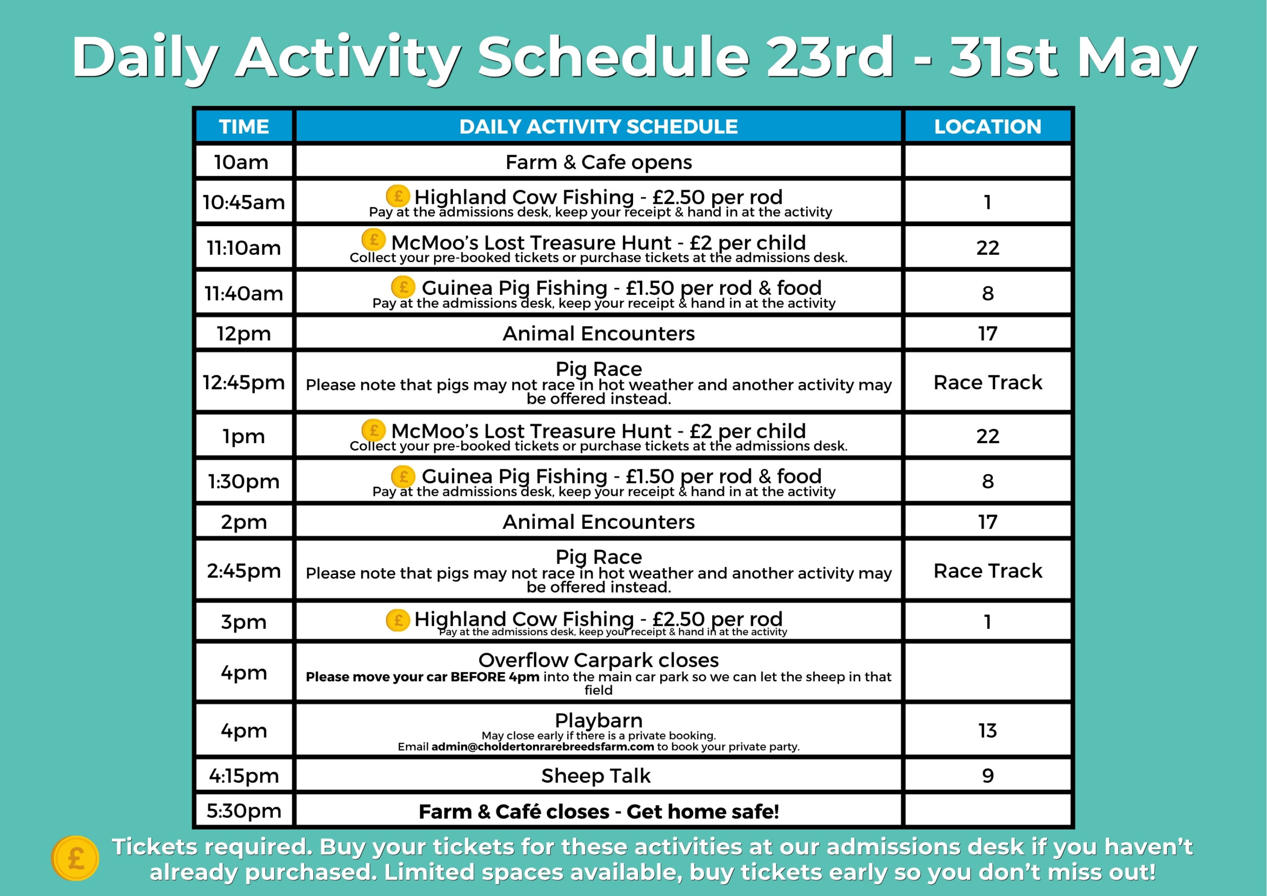 May Half-Term Activity schedule for Cholderton Rare Breeds Farm
